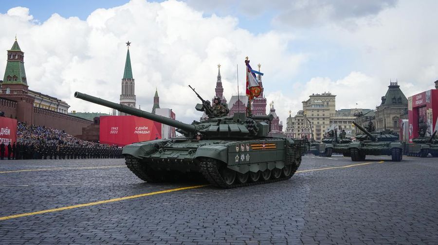 Russian tanks roll during the Victory Day military parade in Moscow, Russia, Monday, May 9, 2022, marking the 77th anniversary of the end of World War II. (AP Photo/Alexander Zemlianichenko)
