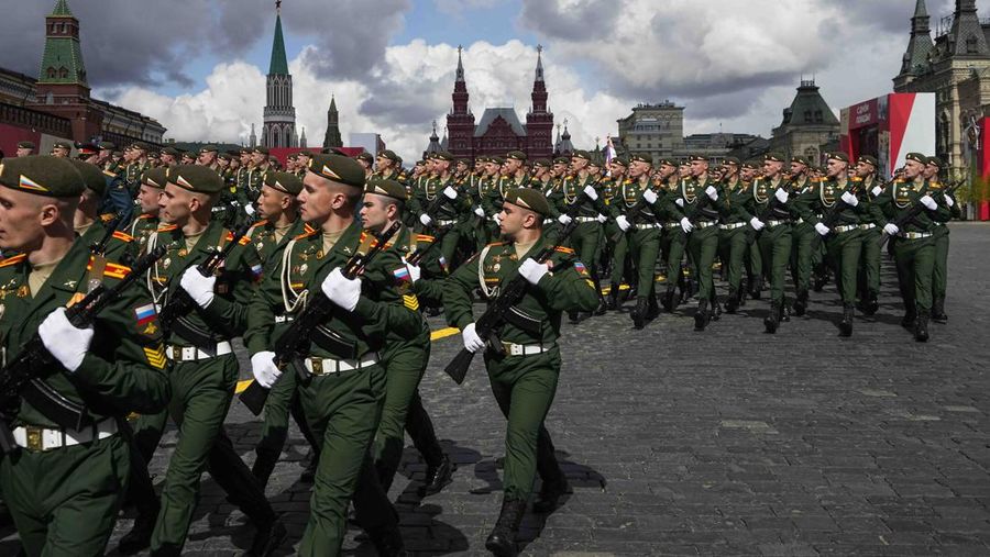 Russian self-propelled artillery vehicles roll during the Victory Day military parade in Moscow, Russia, Monday, May 9, 2022, marking the 77th anniversary of the end of World War II. (AP Photo/Alexander Zemlianichenko)