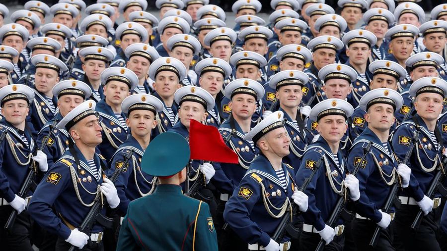 Russian self-propelled artillery vehicles roll during the Victory Day military parade in Moscow, Russia, Monday, May 9, 2022, marking the 77th anniversary of the end of World War II. (AP Photo/Alexander Zemlianichenko)
