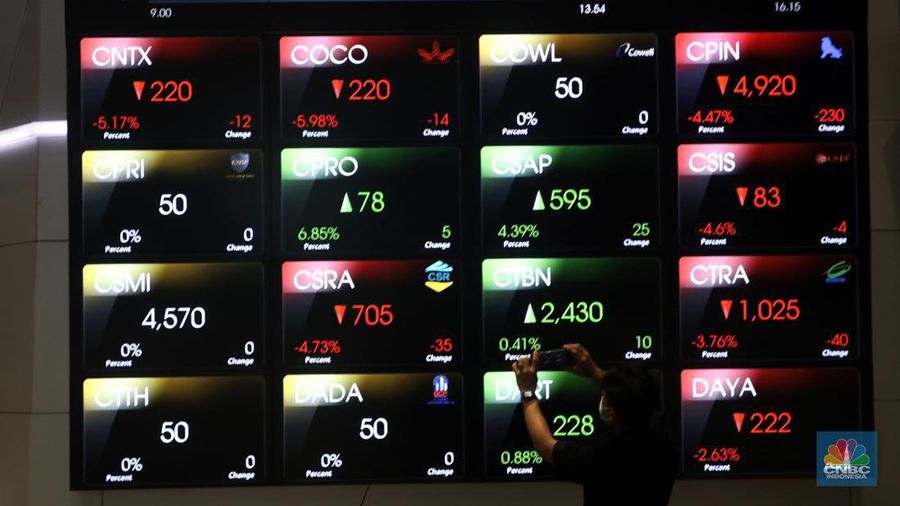 Layar pergerakan Indeks Harga Saham Gabungan (IHSG) di gedung Bursa Efek Indonesia, Jakarta, Senin (9/5/2022). (CNBC Indonesia/ Andrean Kristianto)