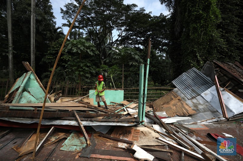 Pekerja membongkar kios pedagang di Pasar Hewan Barito, Kebayoran Baru, Jakarta, Selasa (10/5/2022). Pasar Hewan Barito dibongkar untuk direvitalisasi agar memberikan kenyamanan bagi pedagang dan pembeli. (CNBC Indonesia/Tri Susilo))
