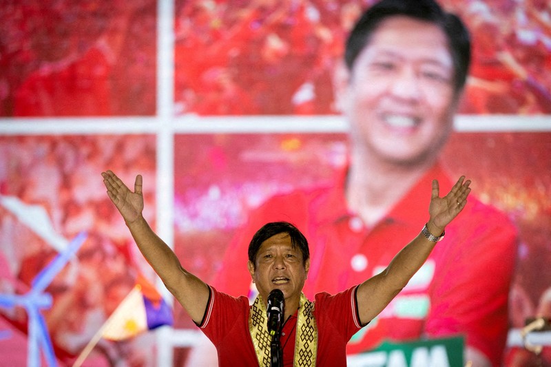 Philippines Election FILE- President Ferdinand Marcos of the Philippines, right, poses with his only son Ferdinand 'Bongbong