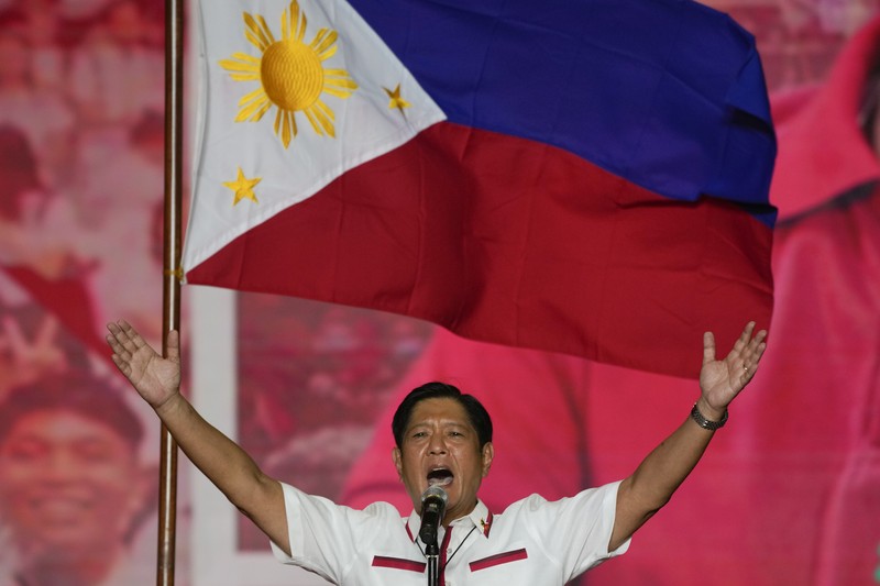 Philippines Election FILE- President Ferdinand Marcos of the Philippines, right, poses with his only son Ferdinand 'Bongbong