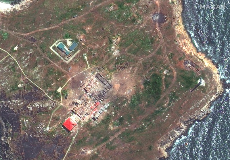 A satellite image shows an overview of Snake Island, Ukraine May 12, 2022. Picture taken May 12, 2022. Satellite image 2022 Maxar Technologies/Handout via REUTERS ATTENTION EDITORS - THIS IMAGE HAS BEEN SUPPLIED BY A THIRD PARTY. MANDATORY CREDIT. NO RESALES. NO ARCHIVES. DO NOT OBSCURE LOGO.
