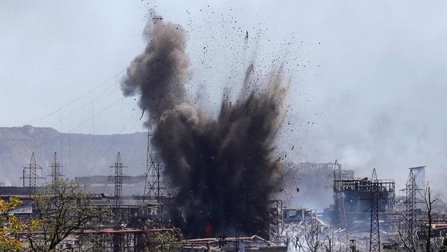 A view shows an explosion at a plant of the Azovstal Iron and Steel Works in the southern port city of Mariupol, Ukraine, May 11. REUTERS/Alexander Ermochenko