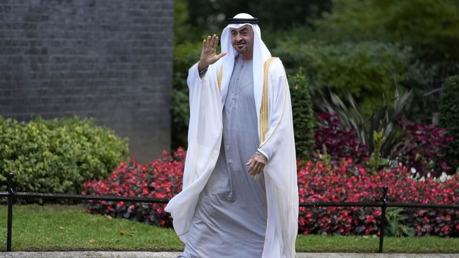 FILE - Crown Prince of the Emirate of Abu Dhabi, Sheikh Mohammed bin Zayed Al Nahyan, arrives in London, on Sept. 16, 2021. Rulers in the United Arab Emirates announced Saturday, May 14, 2022, that they unanimously appointed Sheikh Mohammed bin Zayed Al Nahyan as the president of this hereditarily ruled nation on the Arabian Peninsula.  (AP Photo/Frank Augstein, File)