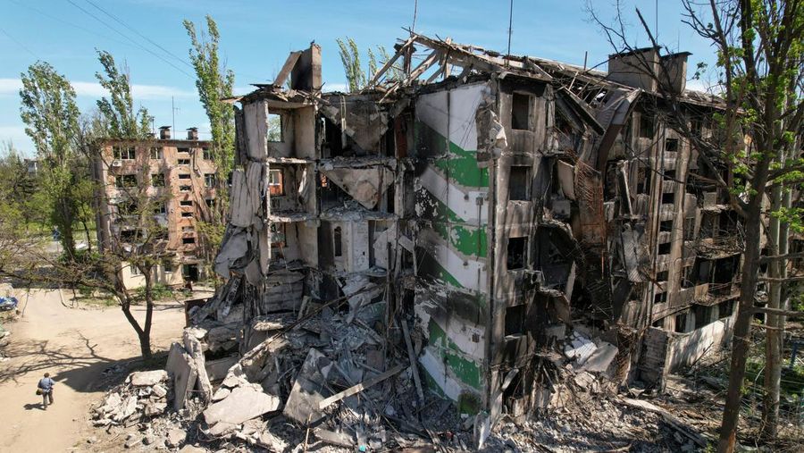 A view shows residential buildings heavily damaged during Ukraine-Russia conflict in the southern port city of Mariupol, Ukraine May 12, 2022. Picture taken with a drone. REUTERS/Pavel Klimov