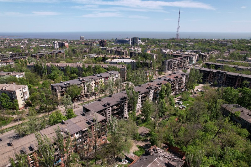 UKRAINE-CRISIS/MARIUPOL A view shows residential buildings heavily damaged during Ukraine-Russia conflict in the southern port city of Mariupol, Ukraine May 12, 2022. Picture taken with a drone. REUTERS/Pavel Klimov