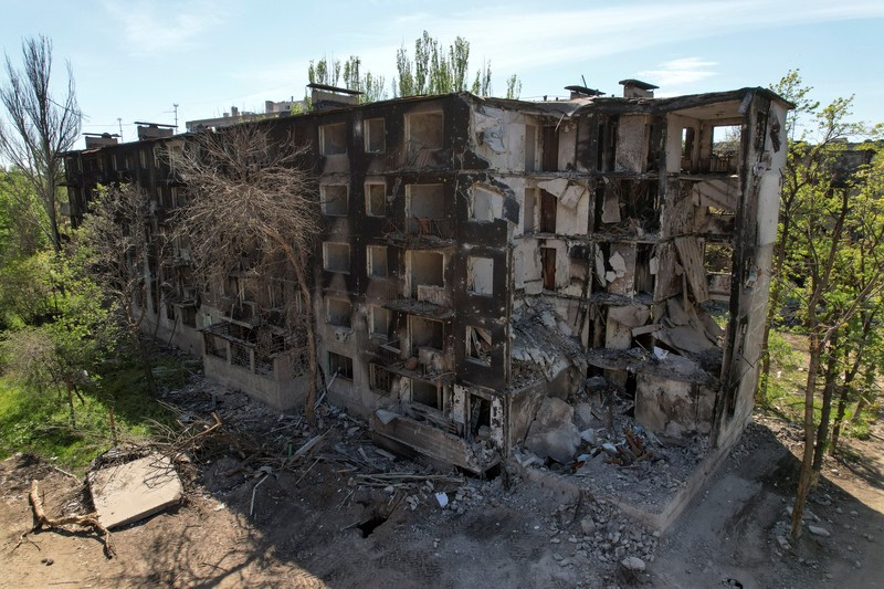 A view shows residential buildings heavily damaged during Ukraine-Russia conflict in the southern port city of Mariupol, Ukraine May 12, 2022. Picture taken with a drone. REUTERS/Pavel Klimov