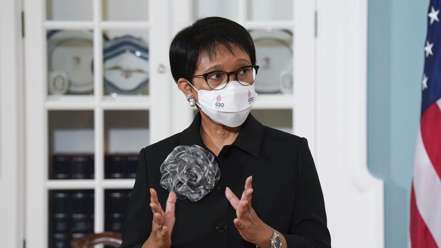 Indonesian Foreign Minister Retno Marsudi speaks during a meeting with Secretary of State Antony Blinken meets at the State Department in Washington, Friday, May 13, 2022. (Shuran Huang/Pool Photo via AP)