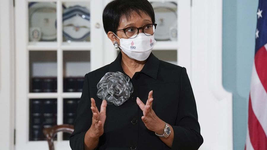 Indonesian Foreign Minister Retno Marsudi speaks during a meeting with Secretary of State Antony Blinken meets at the State Department in Washington, Friday, May 13, 2022. (Shuran Huang/Pool Photo via AP)
