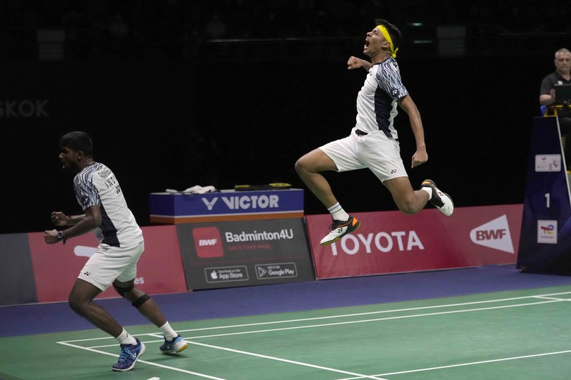 Thailand Badminton Thomas & Uber Cup Indonesia's Anthony Ginting returns a shot to India's Lakshya Sen during their men's singles final badminton match at Thomas & Uber Cup in Bangkok, Thailand, Sunday, May 15, 2022. (AP Photo/Sakchai Lalit)