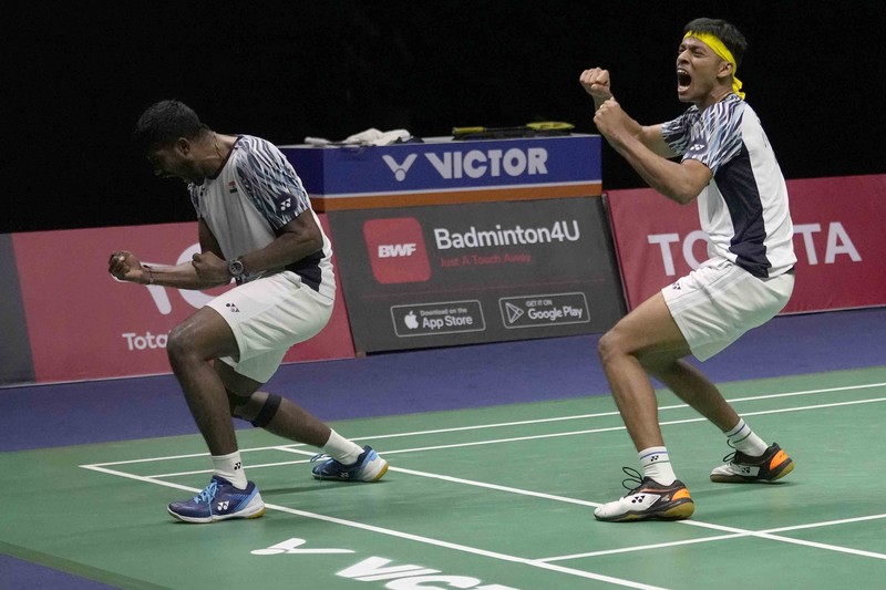 Thailand Badminton Thomas & Uber Cup Indonesia's Anthony Ginting returns a shot to India's Lakshya Sen during their men's singles final badminton match at Thomas & Uber Cup in Bangkok, Thailand, Sunday, May 15, 2022. (AP Photo/Sakchai Lalit)