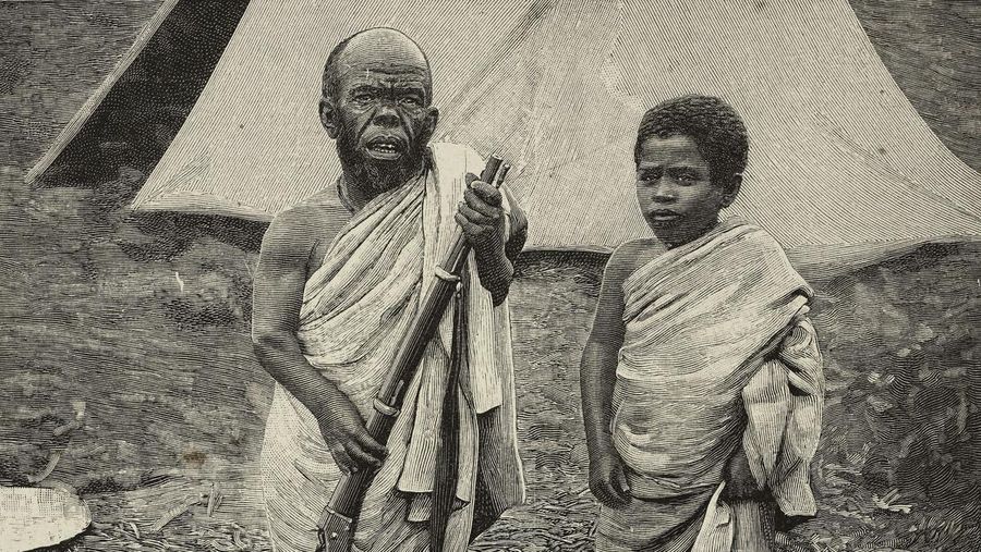 Maru dan Boggale, kurcaci di istana Mengesha Yohannes (1868-1907), prajurit Ethiopia dan gubernur Tigray, Ethiopia, ukiran dari foto L Naretti dari L'Illustrazione Italiana, tahun 21, no 52, 30 Desember 1894. (De Agostini via Getty Images/DEA / ICAS94)