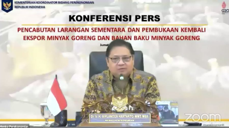 Konferensi Pers Pelaksanaan Kebijakan Pembukaan Kembali Ekspor Minyak Goreng. (Tangkapan layar youtube Perekonomian RI)
