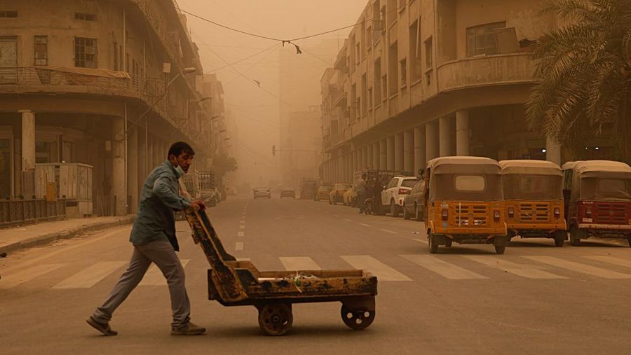 Sejumlah warga beraktivtas saat badai pasir di Najaf, Irak, Senin (23/5/2022). (REUTERS/Alaa Al-Marjani)