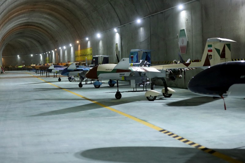 This handout picture provided by the Iranian Army on May 28, 2022, shows an underground drone base, in an unknown location in Iran. - Iranian state television on May 28 broadcast footage of an air force base for drones under the Zagros mountain range in the west of the country. The exact location of the base was not revealed, although the TV reporter said he travelled on a helicopter for nearly 40 minutes from the city of Kermanshah to reach it. (Photo by Iranian Army office / AFP) / RESTRICTED TO EDITORIAL USE - MANDATORY CREDIT 