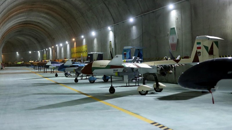 This handout picture provided by the Iranian Army on May 28, 2022, shows an underground drone base, in an unknown location in Iran. - Iranian state television on May 28 broadcast footage of an air force base for drones under the Zagros mountain range in the west of the country. The exact location of the base was not revealed, although the TV reporter said he travelled on a helicopter for nearly 40 minutes from the city of Kermanshah to reach it. (Photo by Iranian Army office / AFP) / RESTRICTED TO EDITORIAL USE - MANDATORY CREDIT 