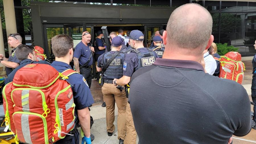 Emergency personnel respond to a shooting at the Natalie Medical Building Wednesday, June 1, 2022. in Tulsa, Okla. Multiple people were shot at a Tulsa medical building on a hospital campus Wednesday. (Ian Maule/Tulsa World via AP)