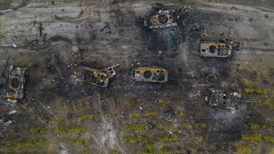 Destroyed Russian armored vehicles stand idle on the outskirts of Kyiv, Ukraine, Thursday, March 31, 2022. (AP Photo/Rodrigo Abd)
