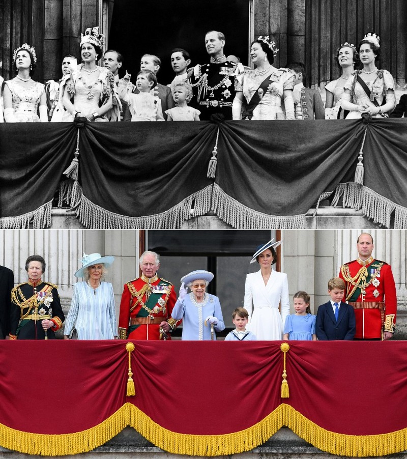 Kombinasi gambar yang dibuat pada 2 Juni 2022 ini menunjukkan (Atas) Ratu Inggris Elizabeth II (ke-2 dari kiri), didampingi oleh Pangeran Philip, Duke of Edinburgh (tengah), Pangeran Charles (ke-3 dari kiri), Putri Anne (tengah) , Ibu Suri Elizabeth (3 kanan) dan Putri Margaret muncul di balkon Istana Buckingham, pada hari penobatannya, pada 2 Juni 1953 di London. (AFP/DANIEL LEAL) Kombinasi gambar yang dibuat pada 2 Juni 2022 ini menunjukkan (Atas) Ratu Inggris Elizabeth II (ke-2 dari kiri), didampingi oleh Pangeran Philip, Duke of Edinburgh (tengah), Pangeran Charles (ke-3 dari kiri), Putri Anne (tengah) , Ibu Suri Elizabeth (3 kanan) dan Putri Margaret muncul di balkon Istana Buckingham, pada hari penobatannya, pada 2 Juni 1953 di London. (AFP/DANIEL LEAL)