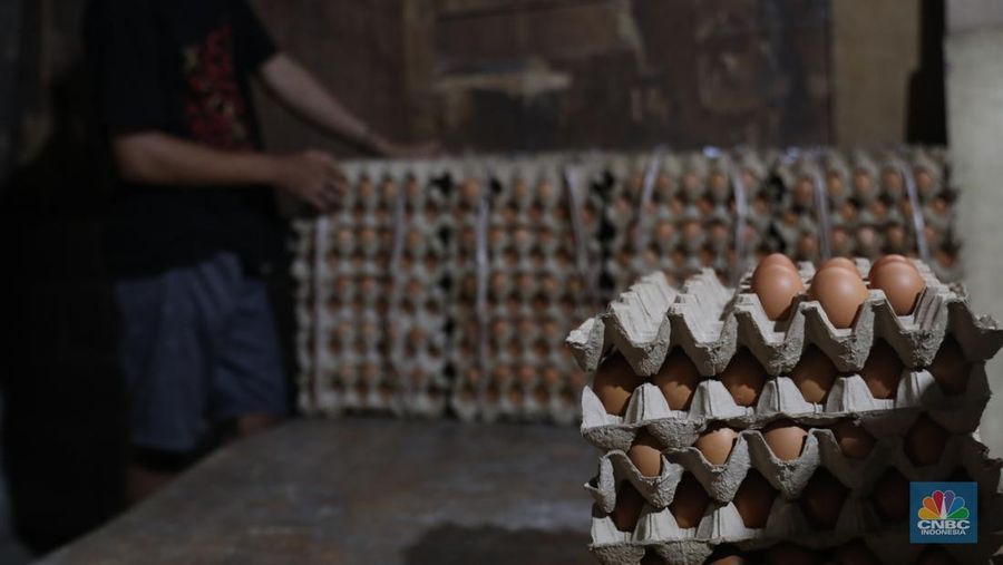 Penjual telur ayam melayani pembeli di toko di Kawasan, Cirendeu, Jakarta Selatan, Senin (6/6/2022). (CNBC Indonesia/Muhamad Sabki)