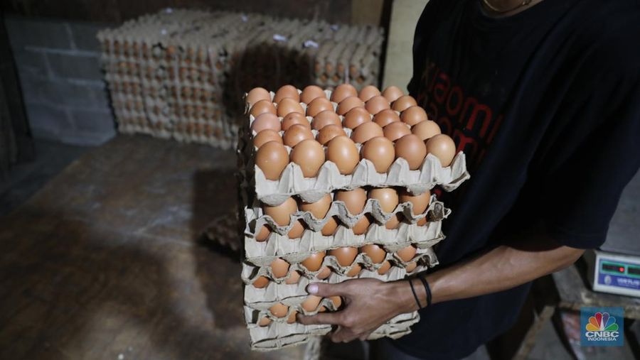 Penjual telur ayam melayani pembeli di toko di Kawasan, Cirendeu, Jakarta Selatan, Senin (6/6/2022). (CNBC Indonesia/Muhamad Sabki)