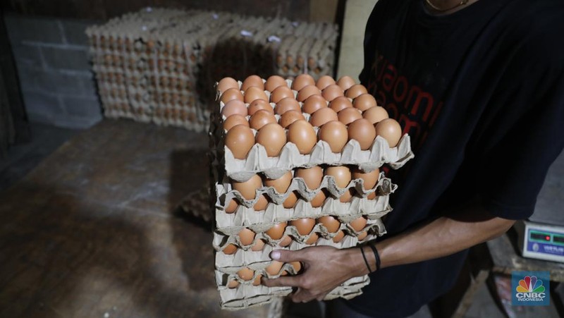Penjual telur ayam melayani pembeli di toko di Kawasan, Cirendeu, Jakarta Selatan, Senin (6/6/2022). (CNBC Indonesia/Muhamad Sabki)
