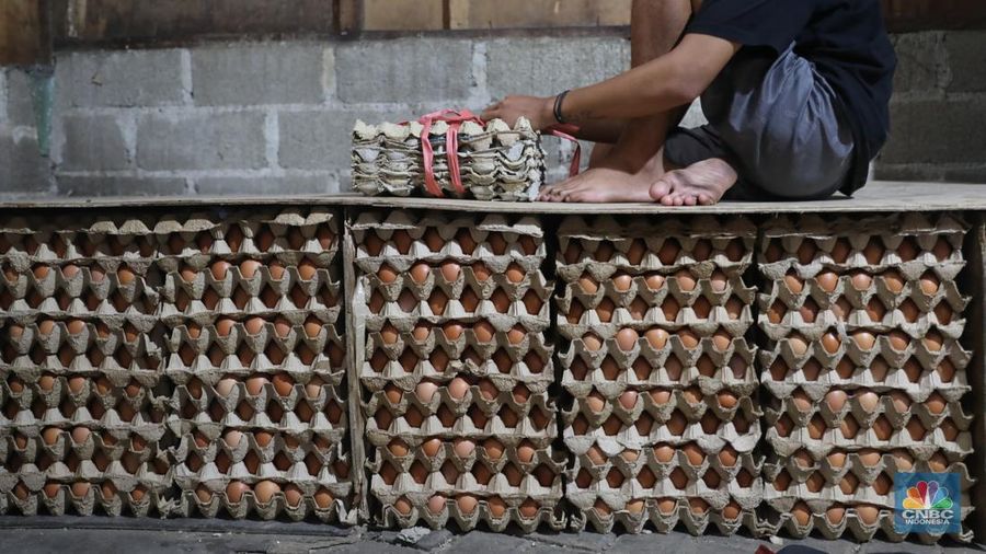 Penjual telur ayam melayani pembeli di toko di Kawasan, Cirendeu, Jakarta Selatan, Senin (6/6/2022). (CNBC Indonesia/Muhamad Sabki)
