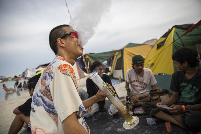 Pesta Legalisasi Ganja di Thailand Orang-orang membawa tanaman ganja selama festival merayakan legalisasi di Nakhon Pathom, Thailand, Minggu (12/6/2022). Highland Network, sebuah organisasi pro-ganja, menyelenggarakan festival musik dan ganja