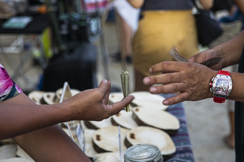 Orang-orang membawa tanaman ganja selama festival merayakan legalisasi di Nakhon Pathom, Thailand, Minggu (12/6/2022). Highland Network, sebuah organisasi pro-ganja, menyelenggarakan festival musik dan ganja 
