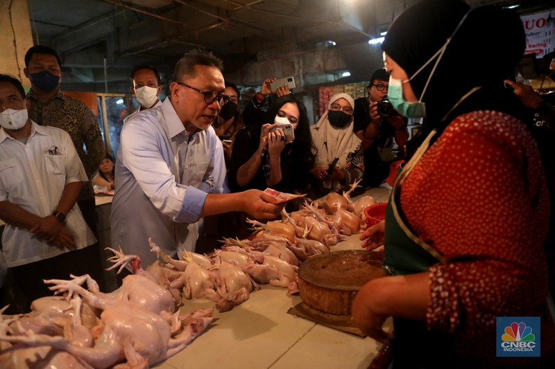 Menteri Perdagangan Zulkifli Hasan saat memantau pasokan dan harga kebutuhan pokok di Pasar Cibubur, Jakarta, Kamis, (16/6/2022). (CNBC Indonesia/ Muhammad Sabki)