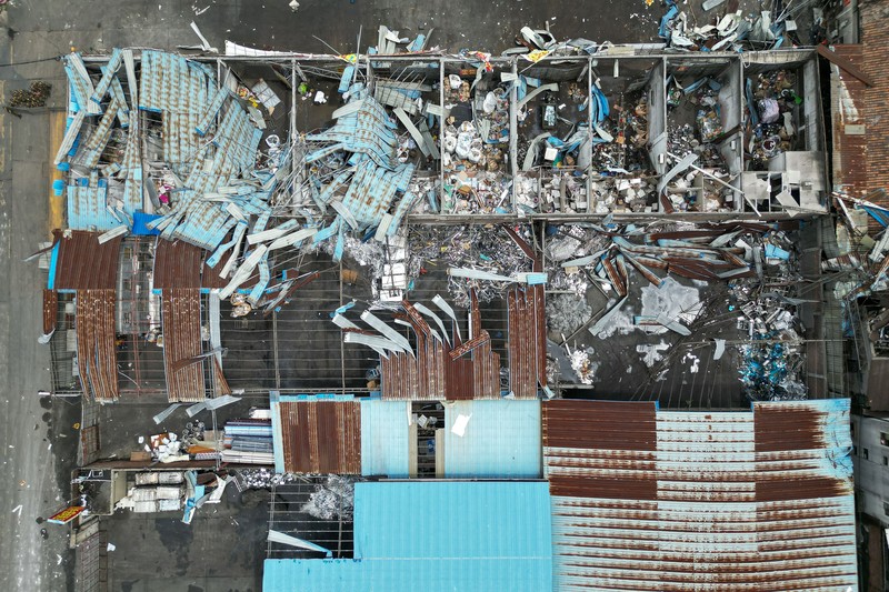 FOSHAN, CHINA - JUNE 19: An aerial view of factories roof blown down by strong winds in Foshan, Guangdong Province of China on June 19, 2022. At about 7:00 on the same day, a tornado occurred in Nanhai District, Foshan. Houses and trees were damaged on the site. (Photo by Stringer/Anadolu Agency via Getty Images)