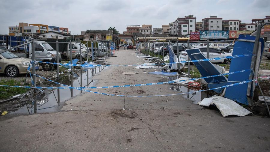 FOSHAN, CHINA - JUNE 19: An aerial view of factories roof blown down by strong winds in Foshan, Guangdong Province of China on June 19, 2022. At about 7:00 on the same day, a tornado occurred in Nanhai District, Foshan. Houses and trees were damaged on the site. (Photo by Stringer/Anadolu Agency via Getty Images)