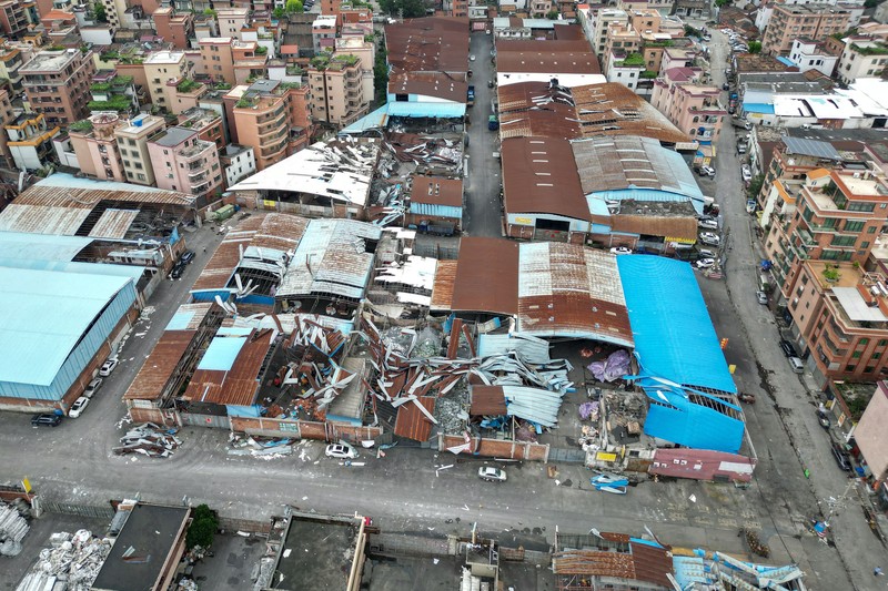 FOSHAN, CHINA - JUNE 19: An aerial view of factories roof blown down by strong winds in Foshan, Guangdong Province of China on June 19, 2022. At about 7:00 on the same day, a tornado occurred in Nanhai District, Foshan. Houses and trees were damaged on the site. (Photo by Stringer/Anadolu Agency via Getty Images)
