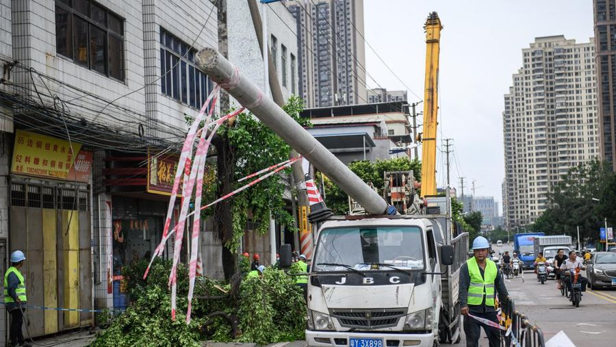 FOSHAN, CHINA - JUNE 19: An aerial view of factories roof blown down by strong winds in Foshan, Guangdong Province of China on June 19, 2022. At about 7:00 on the same day, a tornado occurred in Nanhai District, Foshan. Houses and trees were damaged on the site. (Photo by Stringer/Anadolu Agency via Getty Images)
