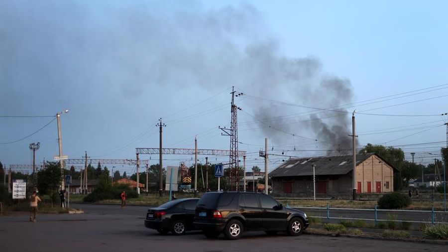 DRUZHKIVKA, UKRAINE - JUNE 20: Flames rise from a structure after it was hit by a projectile on June 20, 2022 in Druzhkivka, Ukraine. In recent weeks, Russia has concentrated its firepower on Ukraine's Donbas region, where it has long backed two separatist regions at war with the Ukrainian government since 2014. (Photo by Scott Olson/Getty Images)(Photo by Scott Olson/Getty Images)