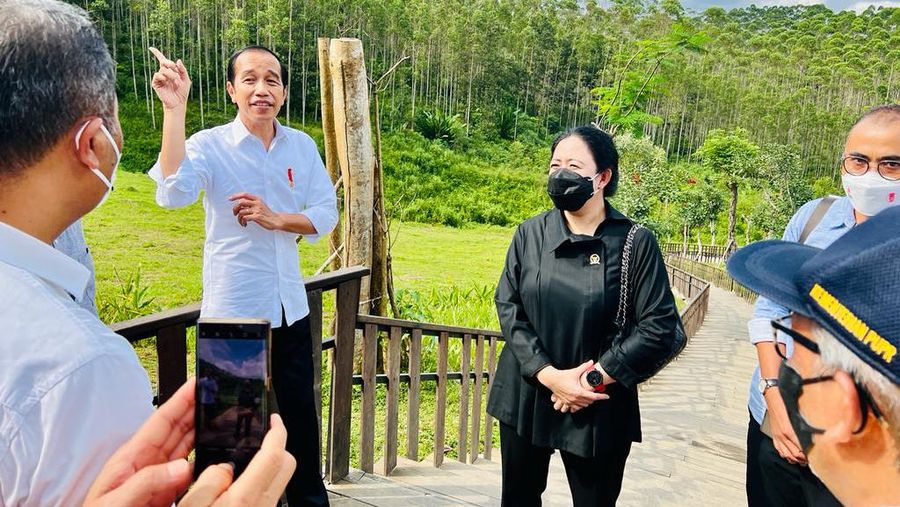 Presiden Joko Widodo bersama Ketua DPR Puan Maharani, Menteri Sekretaris Negara Pratikno, Menteri Investasi/Kepala BKPM Bahlil Lahadalia, Menteri PUPR Basuki Hadimuljono, Kepala Badan Otorita IKN Bambang Susantono, Gubernur Kalimantan Timur Isran Noor, dan para pemred berfoto bersama berjalan di Titik Nol Ibu Kota Nusantara, Kabupaten Penajam Paser Utara, Provinsi Kalimantan Timur, Rabu 22 Juni 2022. (Laily Rachev - Biro Pers Sekretariat Presiden.)