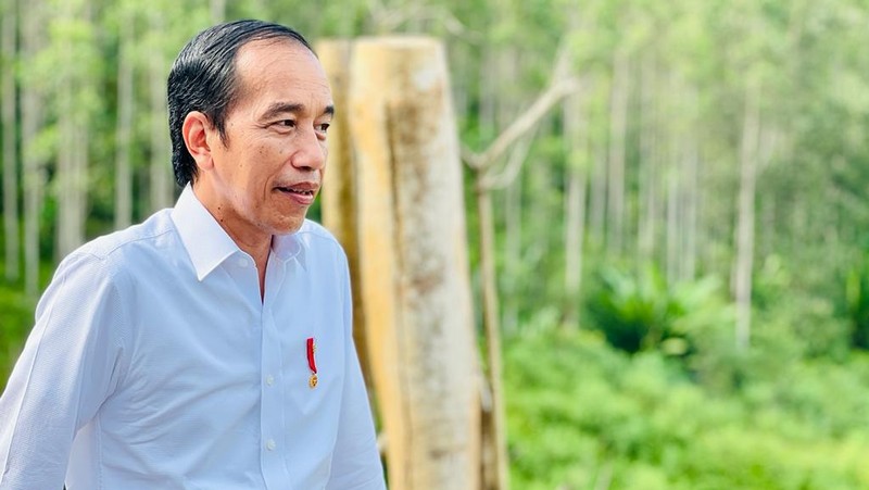 Presiden Joko Widodo bersama Ketua DPR Puan Maharani, Menteri Sekretaris Negara Pratikno, Menteri Investasi/Kepala BKPM Bahlil Lahadalia, Menteri PUPR Basuki Hadimuljono, Kepala Badan Otorita IKN Bambang Susantono, Gubernur Kalimantan Timur Isran Noor, dan para pemred berfoto bersama berjalan di Titik Nol Ibu Kota Nusantara, Kabupaten Penajam Paser Utara, Provinsi Kalimantan Timur, Rabu 22 Juni 2022. (Laily Rachev - Biro Pers Sekretariat Presiden.)