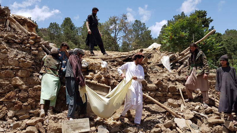 KHOST, AFGHANISTAN - JUNE 22: A view of debris after a magnitude 7.0 earthquake shook Afghanistan at noon and killed at least 29 people, and injured 62 others in the Spera district of Khost province near Paktika province, Afghanistan on June 22, 2022.. The district chief, Sultan Mahmood Ghaznavi, said the quake had destroyed about 500 houses in different parts of the district, adding that they were trying to assist the affected families in Khost. (Photo by Sardar Shafaq/Anadolu Agency via Getty Images)