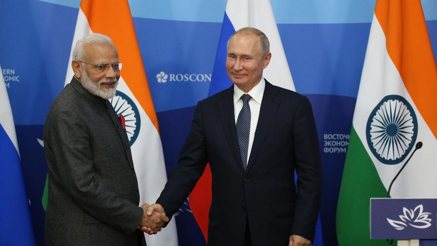VLADIVOSTOK, RUSSIA - SEPTEMBER 4 (RUSSIA OUT) Russian President Vladimir Putin (R) shakes hands with Indian Prime Minister Narendra Modi (L) during the signing ceremony after their talks at the Russky Island in Vladivostok, Russia, September,4,2019. Vladimir Putin and Narendra Modi have arrived to Russian Far Eastern city of Vladivostok to attend the Eastern Economic Forum. (Photo by Mikhail Svetlov/Getty Images)