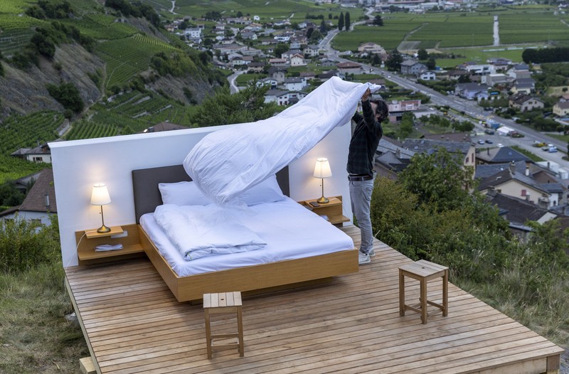 The Vineyard suite of the Null-Stern-Hotel (Zero-Star-Hotel), offering guests a choice between four open-air rooms in reaction to the world current state after the pandemic, by Swiss artists Frank and Patrik Riklin is pictured in Saillon, Switzerland June 15, 2022. Picture taken June 15, 2022. REUTERS/Denis Balibouse