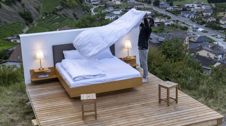 The Vineyard suite of the Null-Stern-Hotel (Zero-Star-Hotel), offering guests a choice between four open-air rooms in reaction to the world current state after the pandemic, by Swiss artists Frank and Patrik Riklin is pictured in Saillon, Switzerland June 15, 2022. Picture taken June 15, 2022. REUTERS/Denis Balibouse