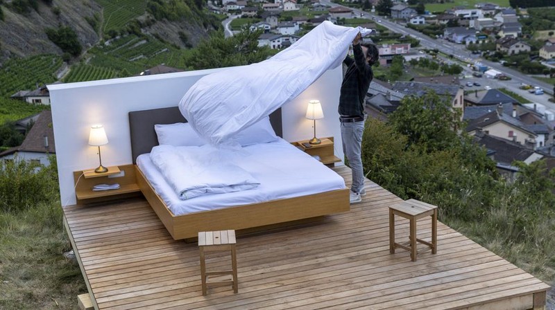 The Vineyard suite of the Null-Stern-Hotel (Zero-Star-Hotel), offering guests a choice between four open-air rooms in reaction to the world current state after the pandemic, by Swiss artists Frank and Patrik Riklin is pictured in Saillon, Switzerland June 15, 2022. Picture taken June 15, 2022. REUTERS/Denis Balibouse