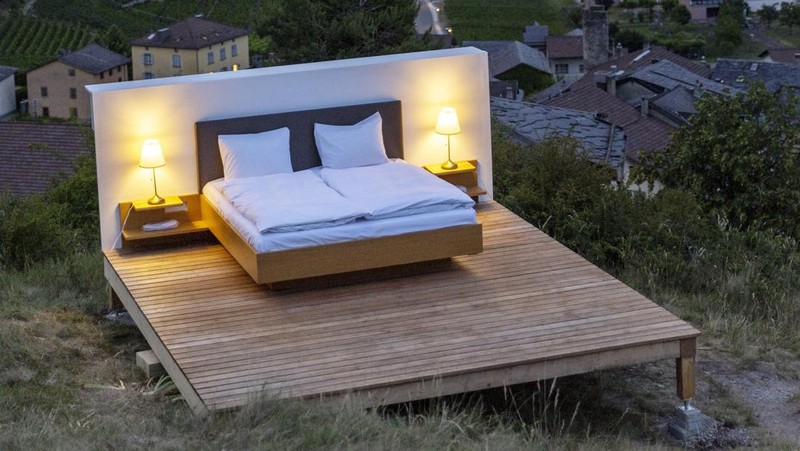 The Vineyard suite of the Null-Stern-Hotel (Zero-Star-Hotel), offering guests a choice between four open-air rooms in reaction to the world current state after the pandemic, by Swiss artists Frank and Patrik Riklin is pictured in Saillon, Switzerland June 15, 2022. Picture taken June 15, 2022. REUTERS/Denis Balibouse