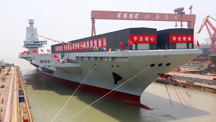 SHANGHAI, CHINA - JUNE 17: General view of the launching ceremony of China's third aircraft carrier, the Fujian, named after Fujian Province, at Jiangnan Shipyard, a subsidiary of China State Shipbuilding Corporation (CSSC), on June 17, 2022 in Shanghai, China. (Photo by Li Tang/VCG via Getty Images)