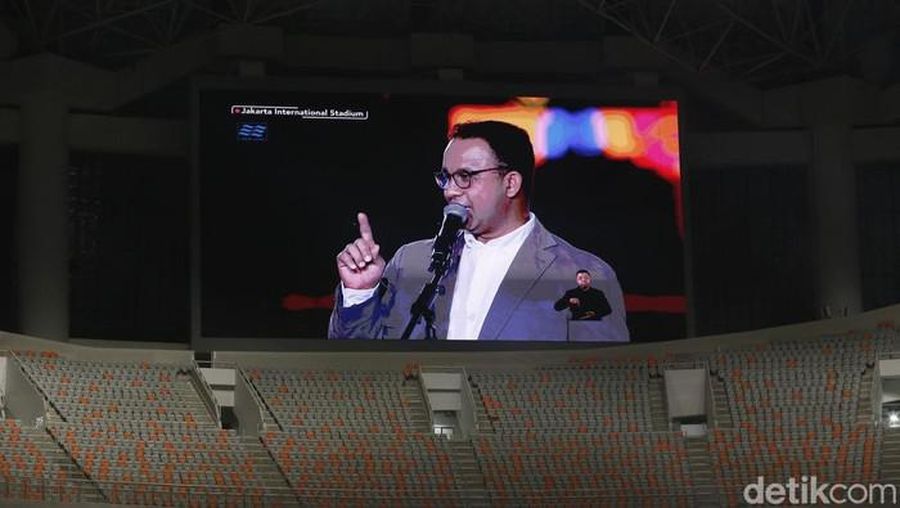 Anies Baswedan dalam acara ulang tahun Jakarta di Stadion JIS, Jakarta. (Grandyos Zafna/detikNews)