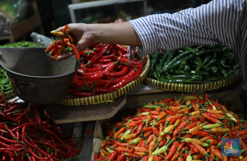Pedagang memotong cabai merah keritinh yang dijual di kawasan Pasar Pondok Gede, Jakarta, Rabu (29/6/2022). (CNBC Indonesia/Muhammad Sabki) Pedagang memotong cabai merah keritinh yang dijual di kawasan Pasar Pondok Gede, Jakarta, Rabu (29/6/2022). (CNBC Indonesia/Muhammad Sabki)