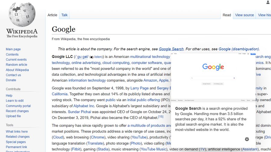 Tangkapan layar laman tentang Google di situs web Wikipedia