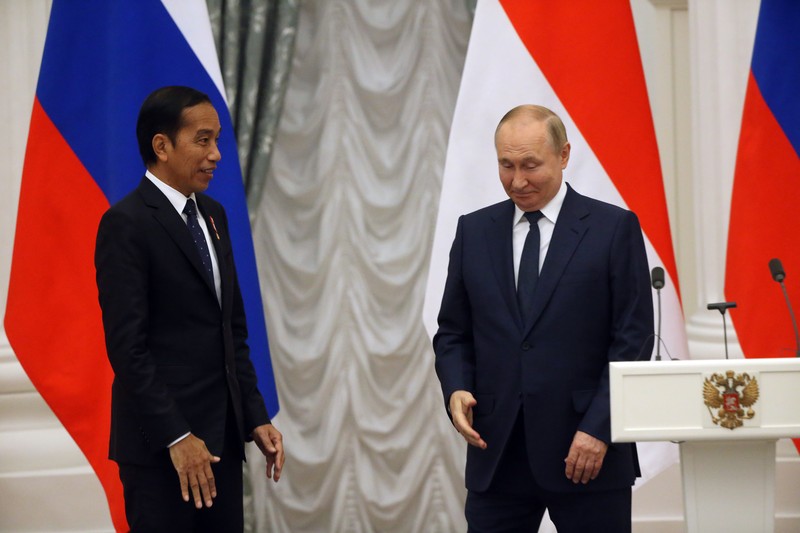 MOSCOW, RUSSIA - JUNE 30:  (RUSSIA OUT) Russian President Vladimir Putin (R) and Indonesian President Joko Widodo (L) attend a joint statement during their talks at the Kremlin on June 30, 2022 in Moscow, Russia. Indonesian President and current Chairman of G20 Widodo is visiting Ukraine and Russia this week. (Photo by Contributor/Getty Images)